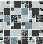 Росмозаика Мозаика стеклянная № 2171 Микс белый-белый колотый-темно-серый-серый рифленый верх-платина с черным рисунком Мозаика 30х30 (4,8х4,8; 2,3х2,3) см