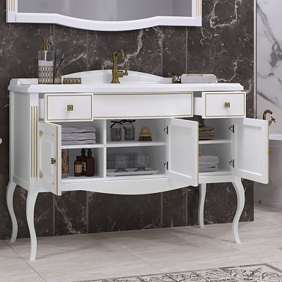 Opadiris Лаура Комплект мебели 120, Белый матовый с бежевой патиной-Swarovski Золото (тумба, раковина, зеркало)